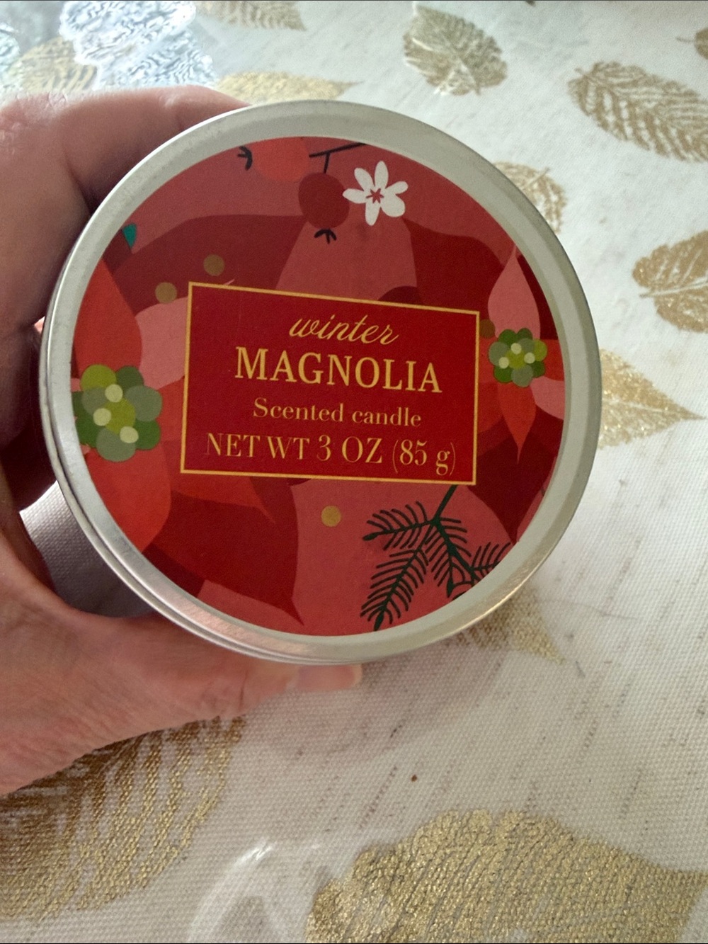 Magnolia Winter Scented Candle - Red with Green Accents
